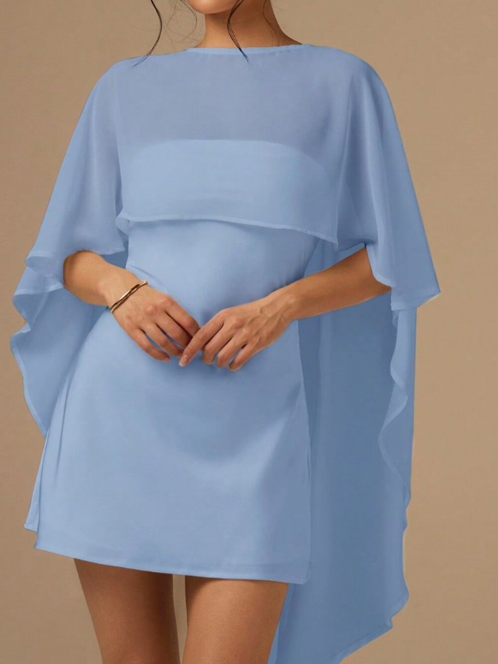 Baby Blue Satin Bias-Cut Women's Mini Dress with Cape Shawl - Picture 4 of 7